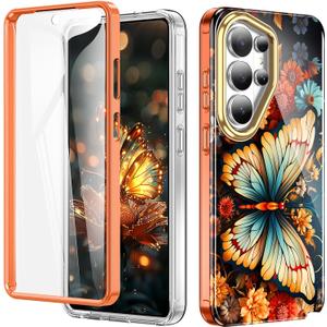 Hocase for Galaxy S26 Ultra Case, (with Built-in Screen Protector) Shockproof Slim Soft TPU+Hard Plastic Full Body Protective Case for Samsung Galaxy S26 Ultra 6.9" Display - Butterfly in Orange