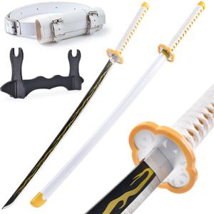 Demon Slayer Sword 41inch,with Display Stand and Belt, Rengoku Sword/Tanjiro Sword/Zenitsu Sword/Anime Original Texture,for Demon Slayer Cosplay and Collection,Various Styles (Yellow)