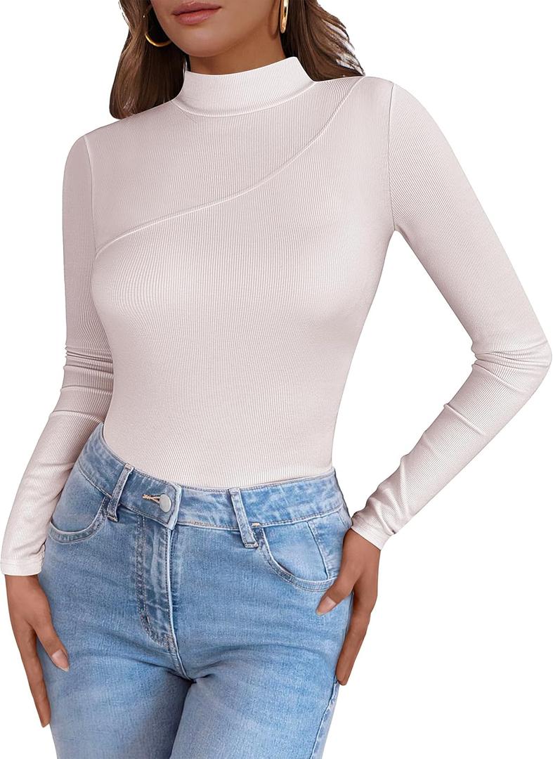 Caracilia Women Long Sleeve Shirts Mock Neck Ribbed Knit Lightweight Tight Tops 2025 Fall Slim Fitted Basic Tees Beige, Small