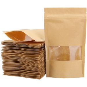 Tecbeauty 100pcs Kraft Paper Stand Up Pouches Zipper Lock Resealable Food Storage Bags with Window for Packing Cookies, Dog Treats (5.9 x 8.7inch)