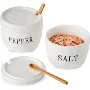 2 Pack Salt and Pepper Bowls Set, Ceramic Salt and Pepper Containers with Lid and Spoon, White Salt Pepper Holder Set, Salt Box Dish with Lid