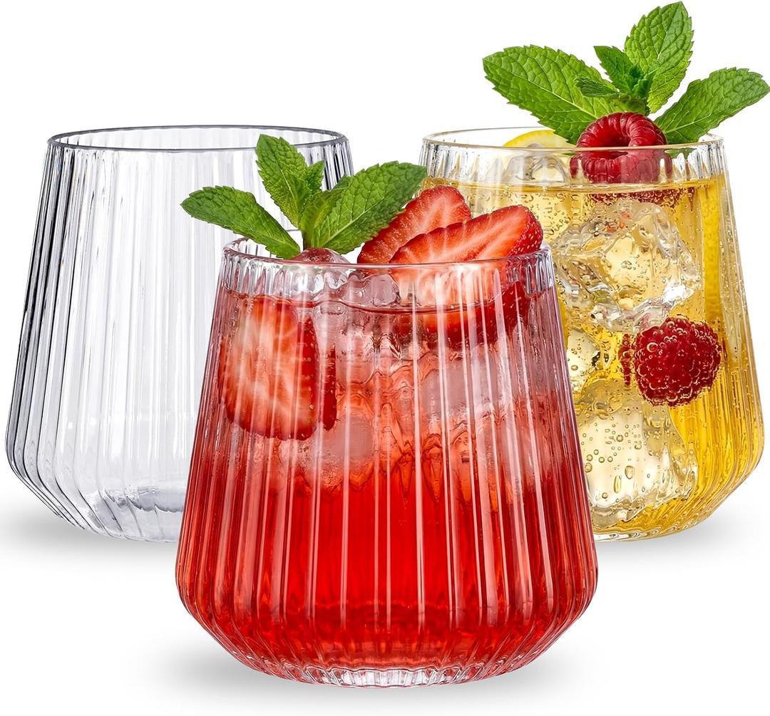Ciaell 30 Pack Plastic Ribbed Wine Glasses - 12 OZ Thicker Origami Stemless Disposable Wine Champagne Whiskey Unbreakable Cocktail Glass, Reusable Wine Cups for Party Wedding Bar