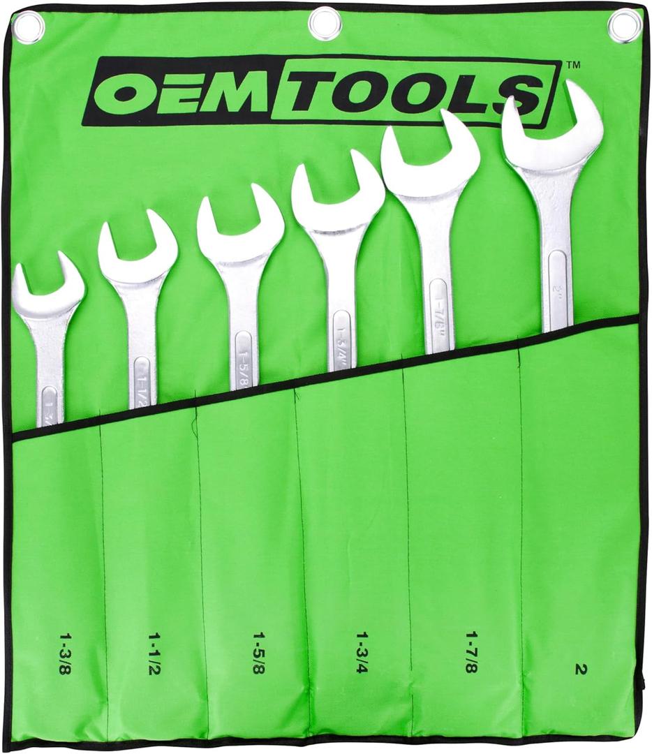 OEMTOOLS 22113 SAE Jumbo Angle Head Wrench Set, Large Fastener Access for Heavy-Duty Maintenance, 6 Piece 1-3/8" to 2" Wrenches, Chrome Finish, Carbon Steel, Wrench Roll Included