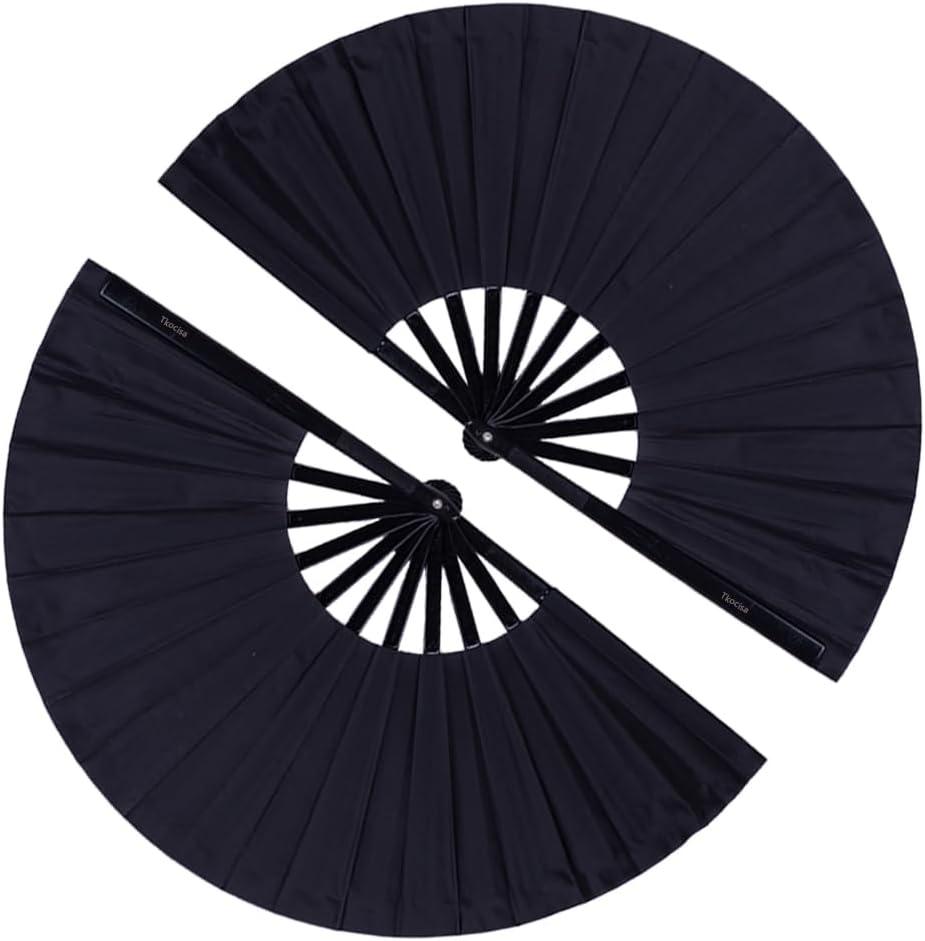 2 Pack Large Folding Hand Fan, Nylon-Cloth Vintage Retro Fabric Fans, Chinese Kung Fu Tai Chi Hand Fan for Men/Women, Festival, Dance, Gift, Performance, Decorations (Black)