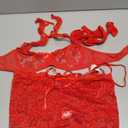 Sexy Cutout Halter Underwire Sheer Mini Skirt Stocking Lingerie Set 4 Piece Outfits (Large, Floral Lace Red)