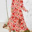 Dokotoo Women's Boho Maxi Dress Sexy V Neck Puff Long Sleeve Ruffle A-Line Split Swing Chiffon Dresses (M)