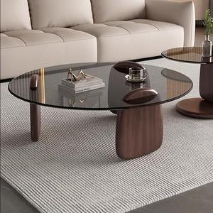 EASYSOUL Modern Round Coffee Table with Glass Top, 27.56" D x 27.56" W x 14.69" H, Circular Tea Tables for Living Room Home Office Industrial Cocktail Tables (Walunt-Grey Glass/27.56")