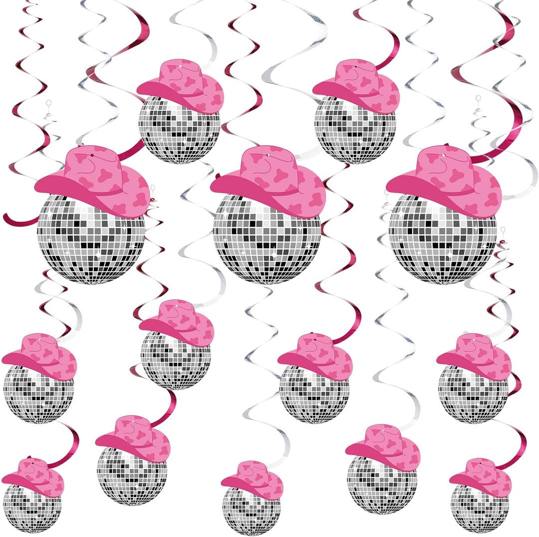 Barydat 48 Pcs Disco Cowgirl Party Decorations Disco Ball Hat Hanging Swirls Ceiling Decoration for Retro Western Cowgirl Birthday Party Favors Supplies(Classic Color)