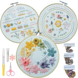Embroidery Kit,3 Pack Embroidery Kit for Beginners With Step by Step Learn 22 Different Stitches from Instruction & Video,Stamped Embroidery Patterns,Hand Embroidery Kit for Adult, Stitches Kit