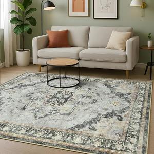 Boho Area Rugs 4x6 Washable Rug for Living Room,Vintage Faux Wool Non Slip Low Pile Rug for Bedroom,Dining Room,Home Office Decor Coffee Table Carpet (Blue, 4x6)