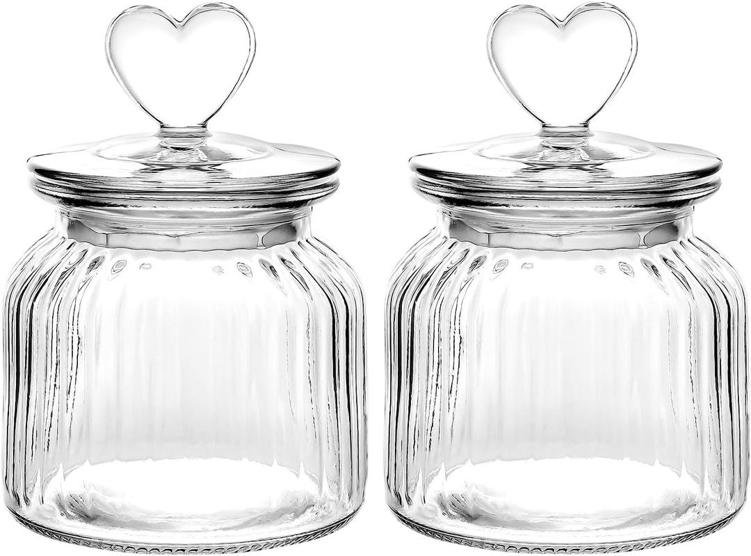 WHJY Set of 2 Airtight Glass Jars, 22oz Jar of Hearts Cute Cookie Jar Decorative Jars with Lids Candy Jars for Candy Buffet Heart Shaped Lid (Stripes Textured)