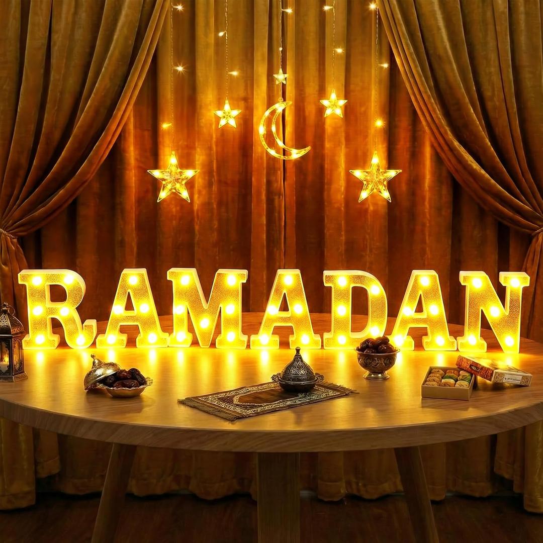 7 Pcs Ramadan Decorations Ramadan Large LED Letter Sign Powered Battery Light Gold Powder Surface Hanging Decor for Party Decorations Indoor Outdoor