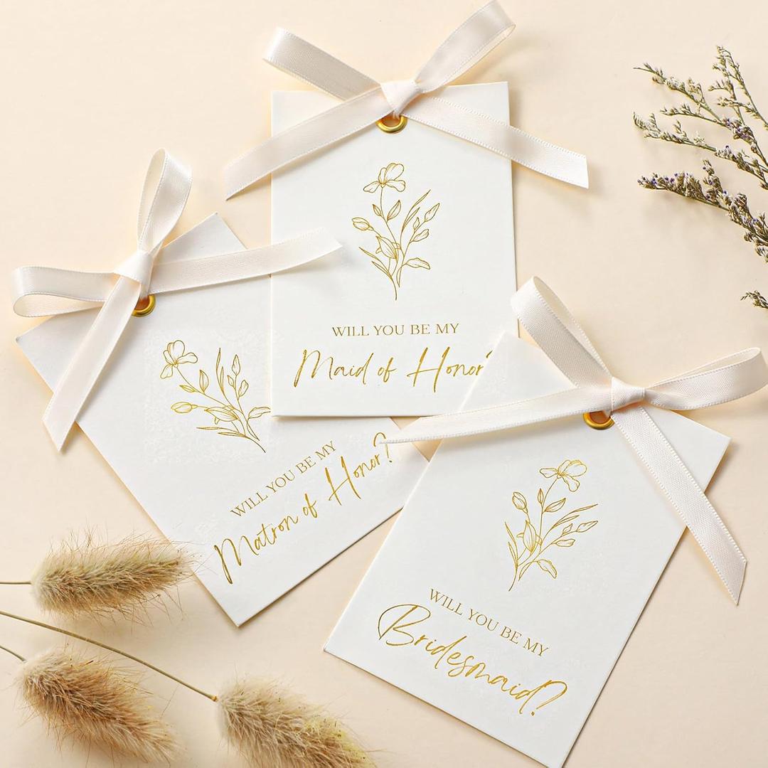 11 Pcs Bridesmaid Proposal Card with Ribbon Bow Floral Metallic Bridal Gift 8 Will You Be My Bridesmaid 2 Maid of Honor 1 Matron of Honor Invitation for Bridal Shower(White, Beige)