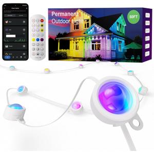 ISOPHO Permanent Outdoor Lights, RGB Smart String Light with 75 Scene Modes, Eaves LED Lights 50ft, Waterproof IP67, Suitable for All Holidays, Parties, Halloween, Christmas, App and Remote Control