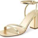 wetkiss Womens Sandals Chunky Strappy Heels Square Open Toe Ankle Buckle Comfort Dress Party Shoes, Gold, Size 8 US 