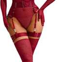 Sheer Mesh Bodysuit, Sexy 5PC Lingerie For Women, Plunge Neck Halter Backless, Garter Belt Thigh High Stockings (Small, Burgundy)