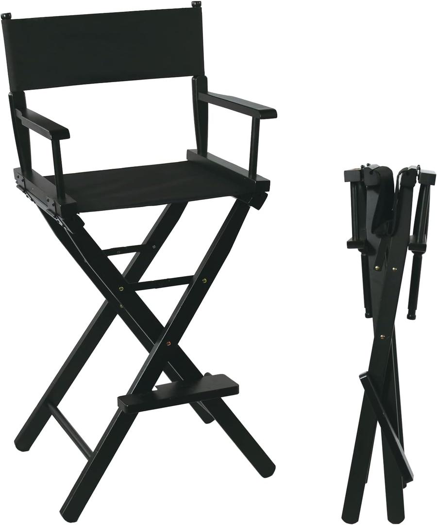 Tall Directors Chair Foldable 46'', Makeup Chair Black for Makeup Artist, 250lbs Capacity Solid Hardwood,Black