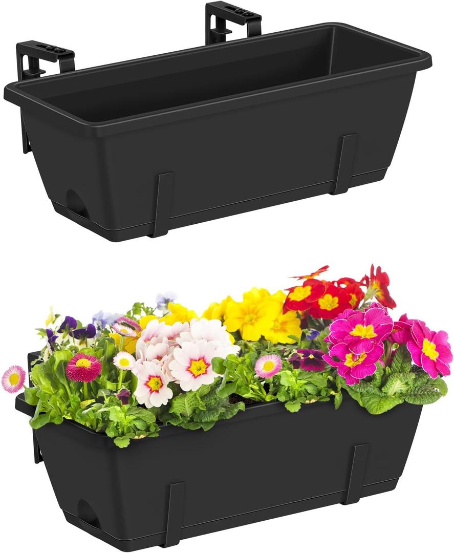 CADUKE Railing Planter Boxes 2 Pack 17 Inch Window Boxes Black Rectangle Railing Flower Box with Adjustable Bracket Window Deck Hanging Planters Boxes for Outdoor Patio