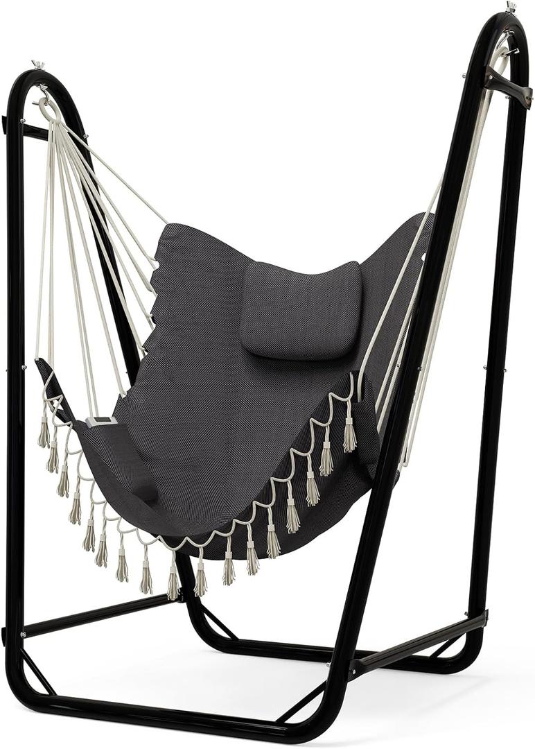 Unique U-Shaped Hammock Chair with Stand,Sturdy & Rust-Resistant,Free Gray Cotton Hammock Chair (Grey)