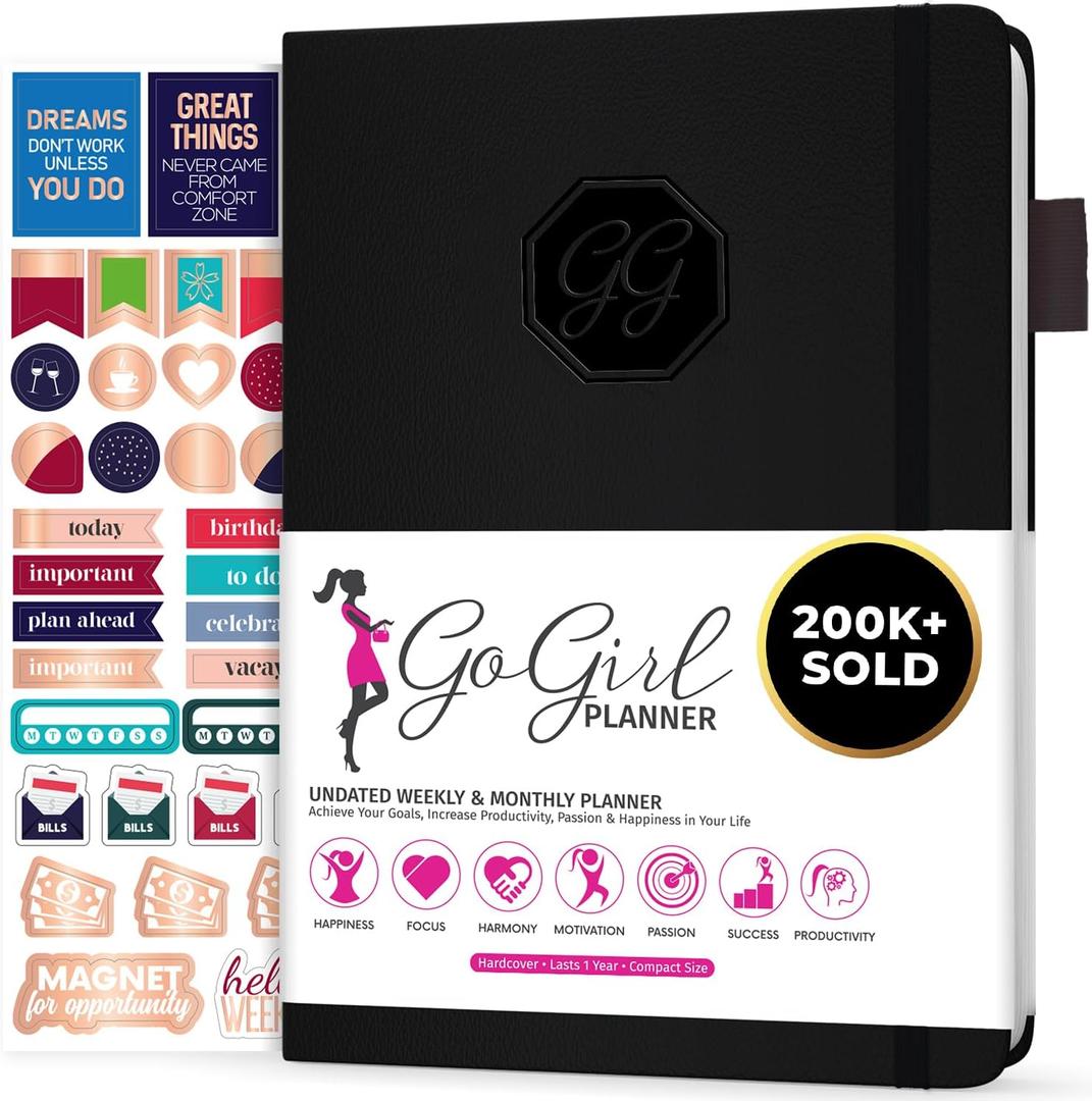 GoGirl Planner and Organizer for Women Compact Size Weekly Planner, Goals Journal & Agenda to Improve Time Management, Productivity & Live Happier,Black