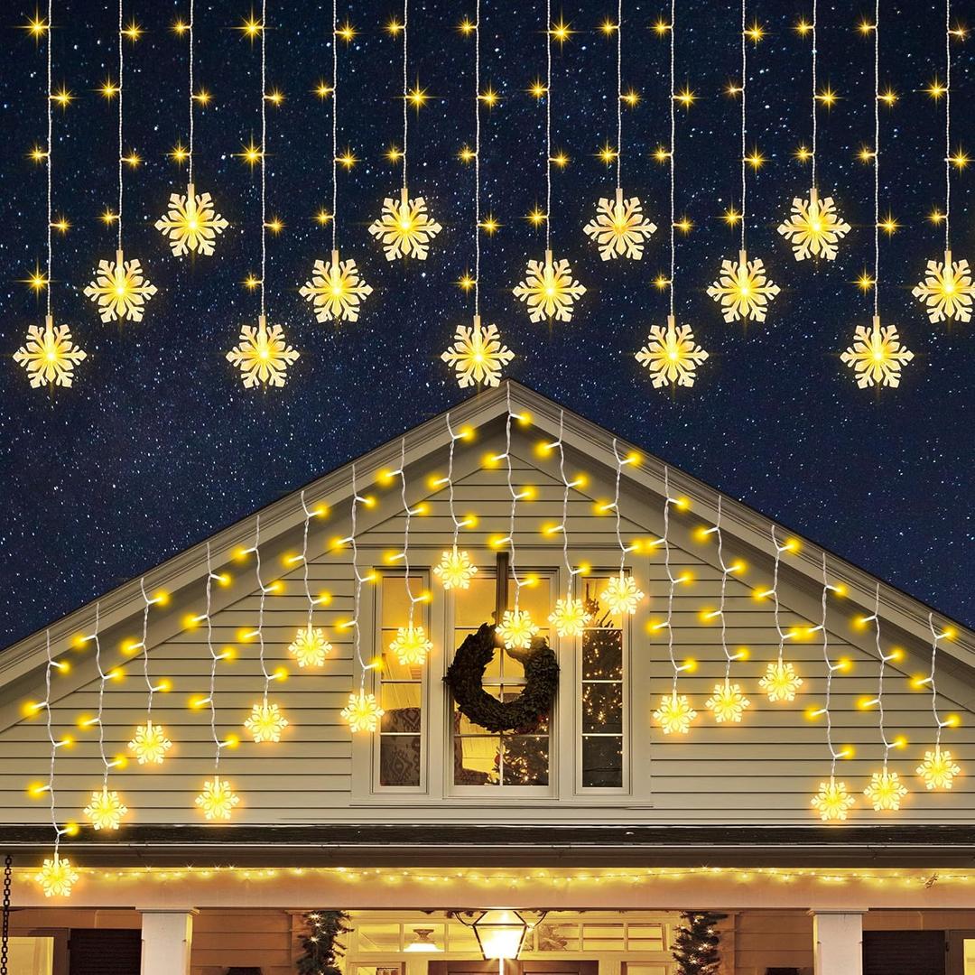 150 LED Christmas Icicle Lights with Snowflakes, Hanging Snowflake Light with 8 Modes, Connectable Warm White Icicle Lights for Outside, Roof, Window, Holiday Party Decor