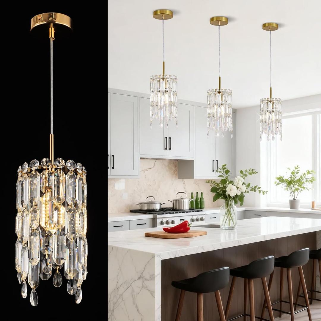 Gold Crystal Chandelier 6″ Small Kitchen Island Crystal Pendant Light Fixture Raindrop Flush Mount Hanging Chandelier K9 Crystal Lights Fixture for Bedroom Dining Room Kitchen, 5.9″ L × 11.6″ H