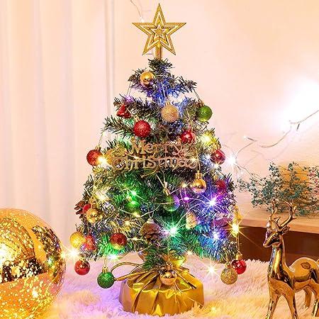 XmasExp 20in Mini Christmas Tree Artificial Small Christmas Tree with Lights, Star Treetop, Ornaments Balls, Bells and Pine Cones DIY Xmas Decorations Green