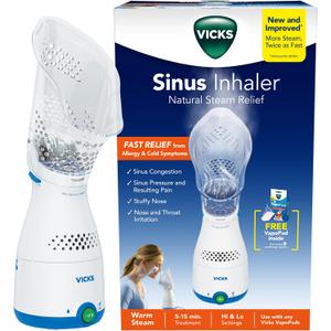 Vicks Sinus Inhaler, Plug-in Non-Medicated Steam Inhaler for Sinus Relief, Allergies, Congestion & Colds, Vocal Steamer, Soothes Nasal & Throat Passages, Works with VapoPads (1 Included)
