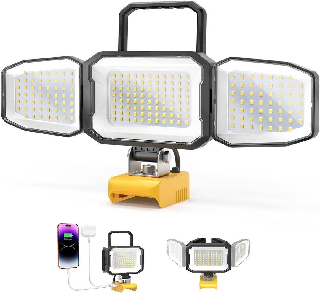 LED Work Light Compatible with DeWalt 20V Battery, 150W 15000LM Flood Light, 6500K Daylight 3-Head Adjustable, USB Type-C&2 Brightness Modes Portable Flashlight Job Site Light (Battery Not Included)