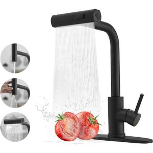 Black Kitchen Faucets with Pull Down Sprayer,Waterfall Kitchen Sink Faucet,Commercial Utility Stainless Steel Kitchen Faucets,Single Handle Kitchen Sink Faucet with Pull Down Sprayer for 3 Function