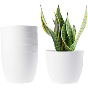 T4U 6 Inch Self Watering Planters Plastic Plant Pot, Modern Decorative Flower Pot/Window Box for All House Plants, Flowers, Herbs, African Violets, Succulents - White, Set of 6