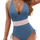 Blooming Jelly Women Tummy Control Swimsuits One Piece Slimming Modest Bathing Suit Color Block Drawstring Swim Suits (Small, Haze Blue)
