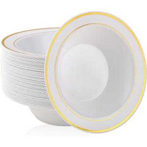 JOLLY PARTY 100PCS Plastic Bowls with Gold Rim-12oz disposable Soup Bowls, Christmas Thanksgiving Premium Dessert Salad Bowls for Wedding/Party
