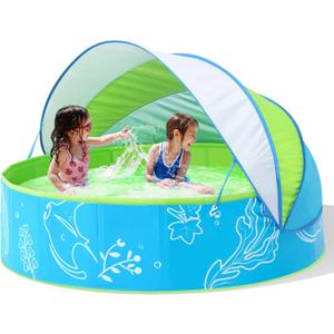 Foldable Kiddie Pool with Canopy: 47in Baby Pool and Beach Tent for Toddlers Infants 6-12 Months and Kids 2-4 Years Old - Portable Water Play with Shade for Outdoor Backyard Beach (Blue-Green)