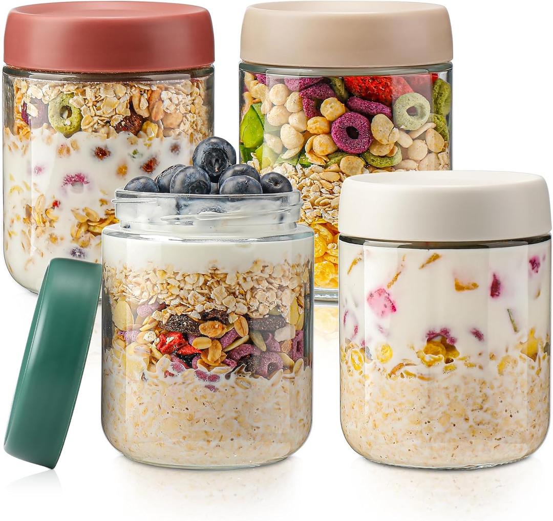 DIMBRAH Overnight Oats Containers with Lids,16oz Glass Jars with Lids - Set Of 4, Practical Oatmeal Container to Go, Chia Seed Pudding Jars, Baby Food Containers (4-pack - red, green, gray, white)