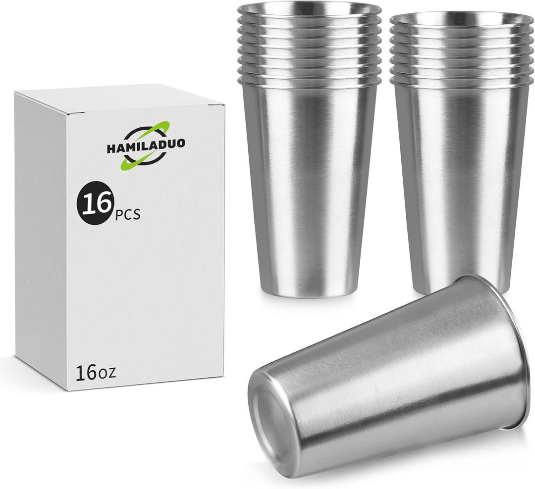 16Pack 16 oz Stainless Steel Pint Cups,Stainless Steel Cup,Pint Cup Tumblerwater Tumbler,Stackable,Reusable,BPA Free, (16)