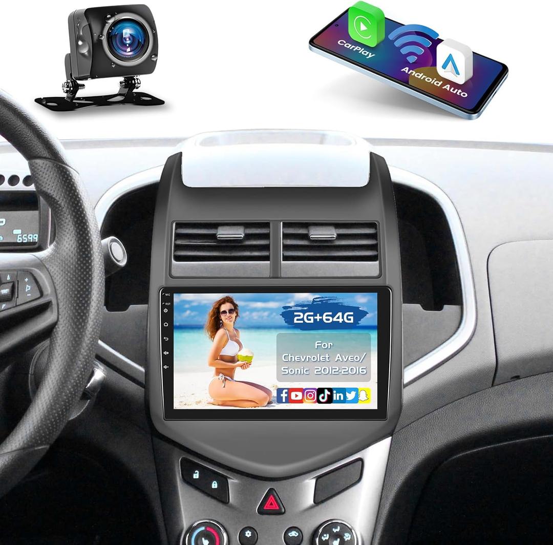 2+64G Radio for Chevrolet Aveo Sonic 2012-2016 Android 15 CarPlay Car Stereo 9'' Touch Screen Compatible with Android Auto AHD Backup Camera Bluetooth FM RDS GPS WiFi