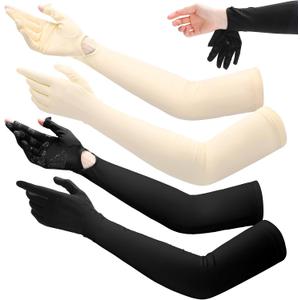 Yahenda 2 Pairs Women UV Long Sun Protection Gloves Touchscreen Arm Sun Driving Gloves UPF 50+ for Outdoor Sports Cycling (White, Black)