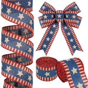 Yinder 2 Rolls Vintage Patriotic Red White and Blue Ribbon, 3 Inch x 20 Yards, Rustic Patriotic Wired Ribbon American Flag Stripes & Stars Ribbons for 4th of July 250th Independence Day Wreaths Decor