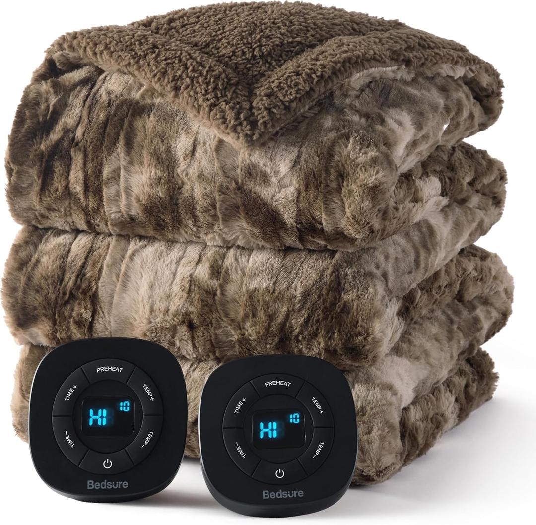 Bedsure Faux Fur Electric Blanket Queen Size, Dual Control Heated Blanket Queen, Fast Heating Blanket with 10 Heating Levels & 10 Time Settings, Cozy Gifts for Women Men (84x90 inches, Dark Chocolate)