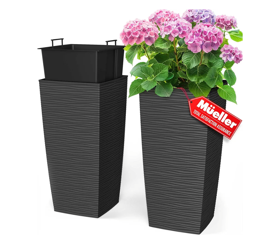 Mueller M-Resin Heavy Duty Tall Planters for Outdoor Plants, Indoor Grande Plant Pots, Boxes, Trees, Flower Pots, 2-Piece Set, 24”, Modern Design, Built-in Drainage, Front Porch Decor, Dark Gray