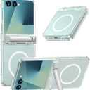 KJSK for Samsung Galaxy Z Flip 7 Case,Built-in Kickstand with Magsafe Slim Shockproof Matte Protection,Anti Yellowing,Built-in Hinge Protection,Clear Bling