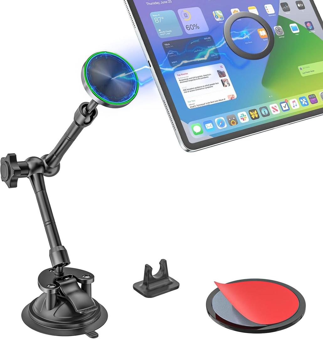 Magnetic Tablet Holder for Car - Strong Magnet, Metal Arm Dashboard Windshield iPad Suction Mount for Truck, Pickup, SUV, Van, Fit for 4-11" iPad Pro/Air/Mini, Galaxy Tabs, iPhone