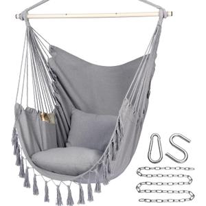 Y- STOP Hammock Chair Hanging Rope Swing, Max 500 Lbs, 2 Cushions Included, Large Macrame Hanging Chair with Pocket for Superior Comfort, with Hardware Kit (Light Grey)