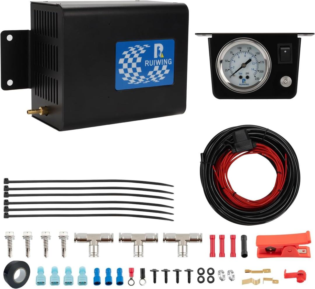 Air Bag Compressor Kit, On Board Air Compressor System with Air Ride Compressor, Pressure Gauge, Hardware and Air Line, for Truck Air Suspension Control