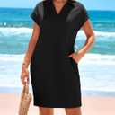 Okiwam Women's Spring Summer Dresses 2025 Casual Short Sleeve V-Neck T-Shirt Mini Vacation Sun Dresses with Pockets (Black, XL)