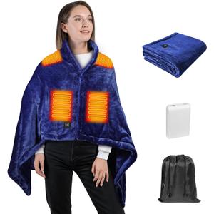 Cordless Heated Shawl with 10000mAh Power Bank - Wearable Heated Blanket with 3 Temperature Settings, Fast Heating, Machine Washable Soft Fleece for Christmas(59"x36", Navy)