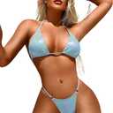 Sparkly String Bikini, High Cut Thong, 2 Piece Sexy Swimsuit (8-10, Sky Blue) L