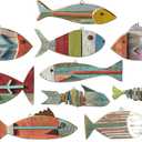 10 Pcs Wooden Fish Wall Decor Wood School of Fish Coastal Wall Decor Beach Wall Art for Home Nautical Theme Bathroom Hanging Decorations Gifts, Flat Printing Not 3D Pattern