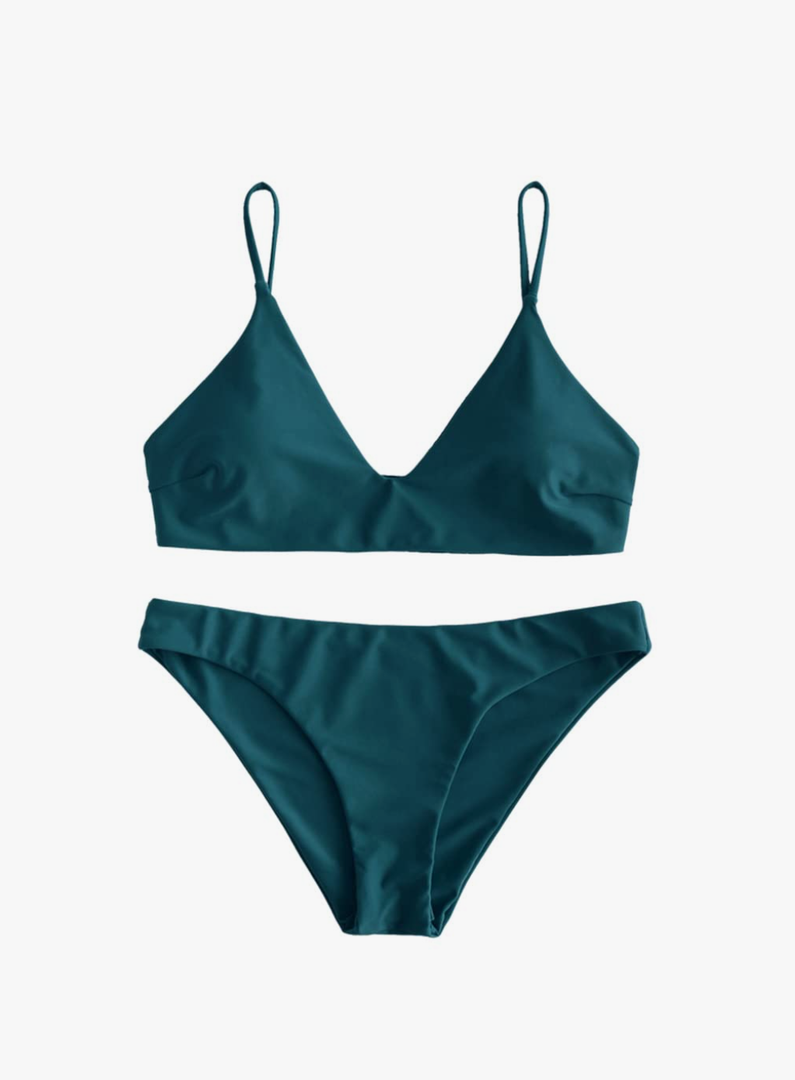 ZAFUL Women's Solid Spaghetti Strap Bralette Bikini Set Two Piece Swimsuit, M, Blue